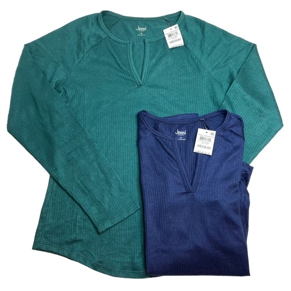 Jenni Split Neck Ribbed Pajama Top Bundle Navy Sail Blue June Bug Green Medium - Picture 1 of 12